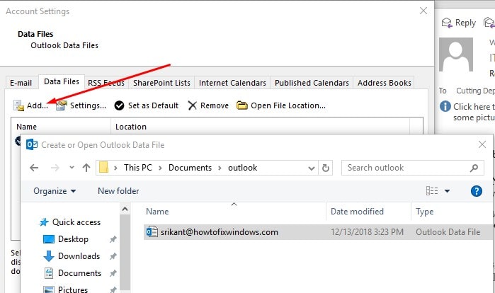 add outlook PST Data file
