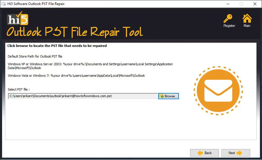 select the PST path manually