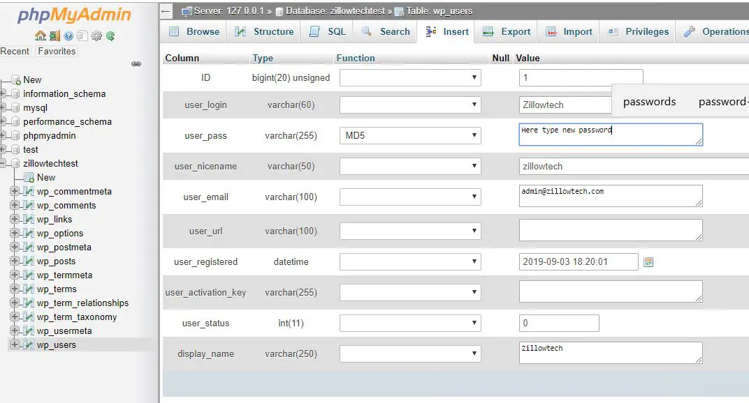 reset wordpress admin password from phpmyadmin