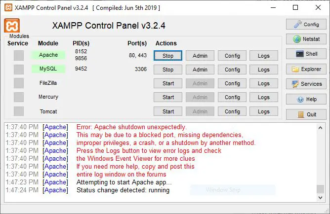 XAMPP control panel