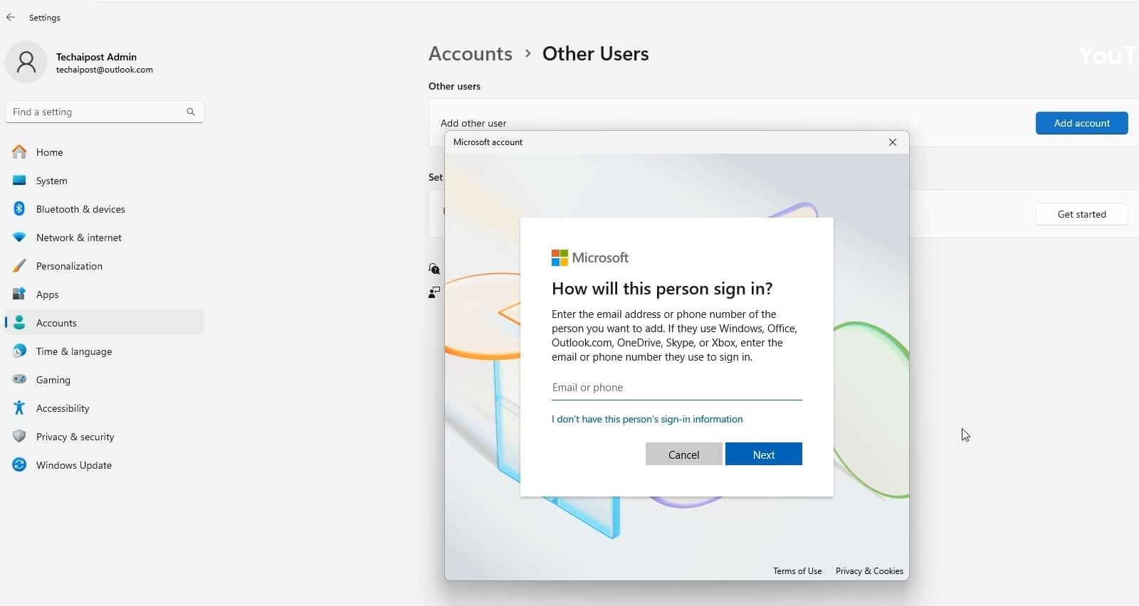 Add user account without microsoft account