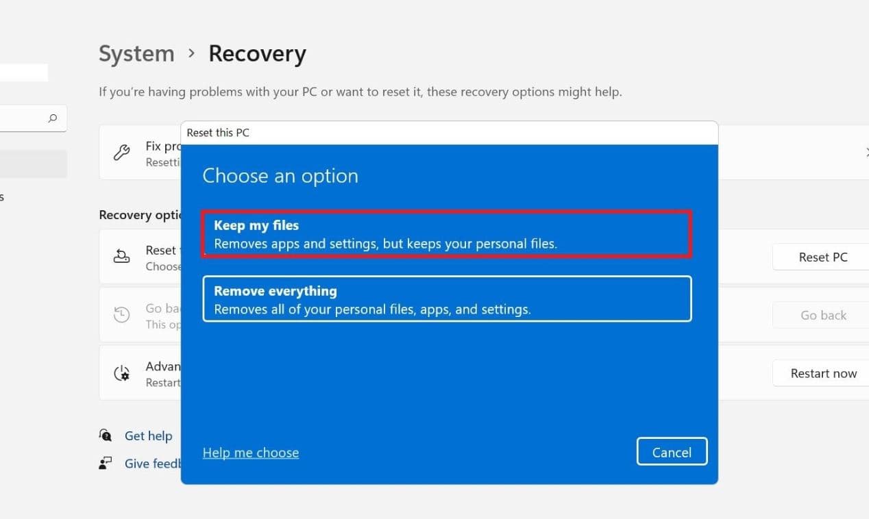 Select keep my files option