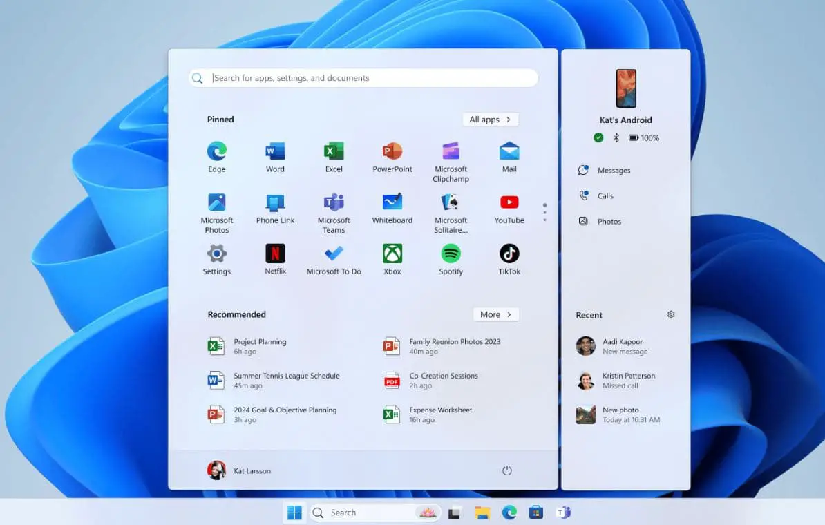 Phone link start menu windows 11