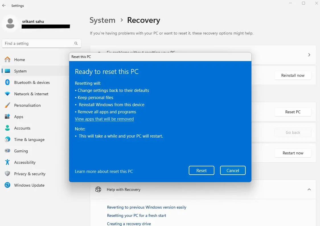 Ready to reset this PC
