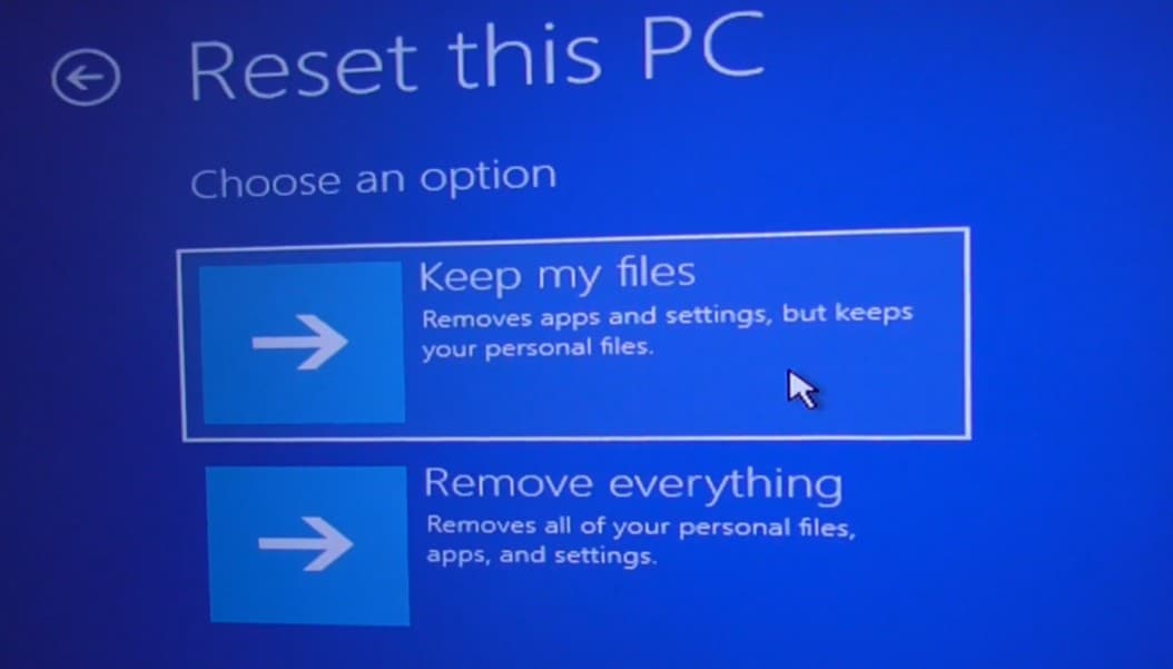 advance options keep my files or remove everything