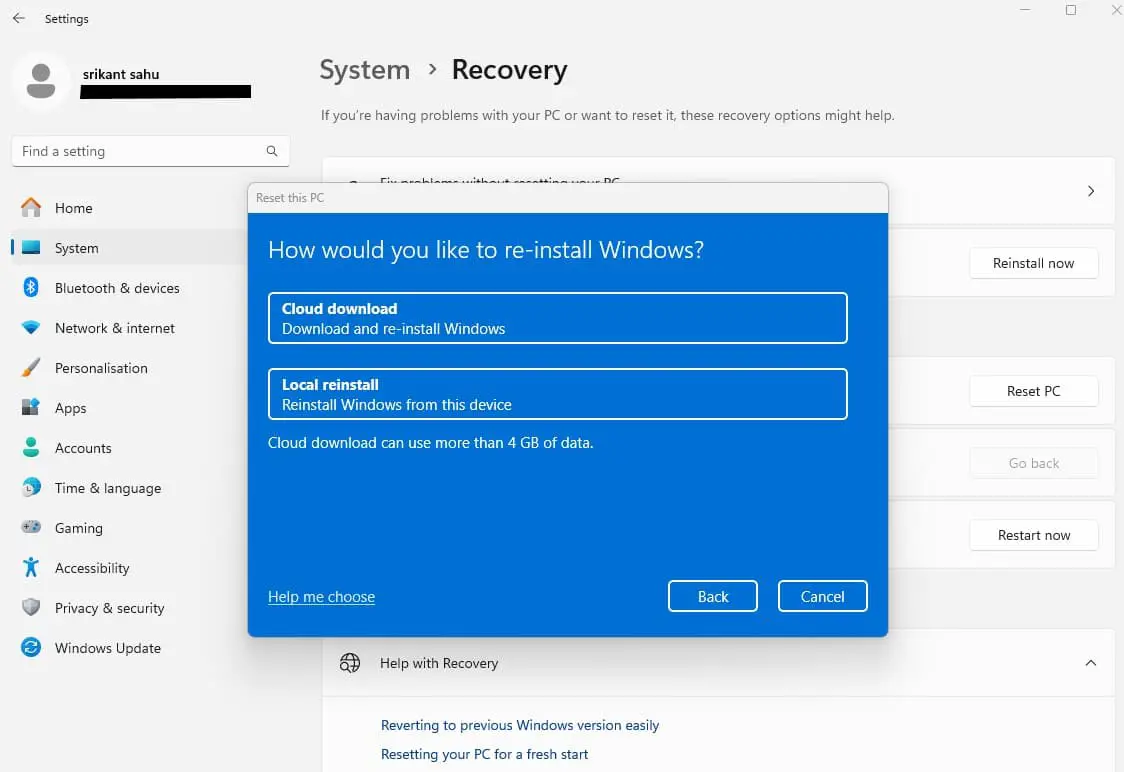 choose Cloud download or local reinstall